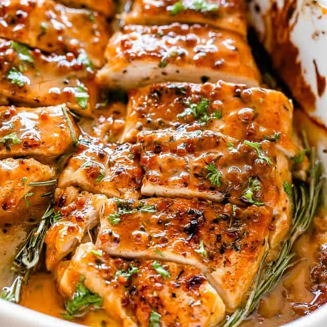 Baked Honey Mustard Chicken With Brown Rice And Roasted Vegetables